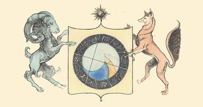 Heraldic ram and enfield fox standing with astrolabe crest