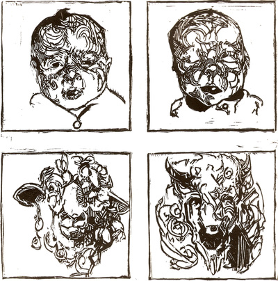 Ugly babies with sheep and buffalo black and white linocut print