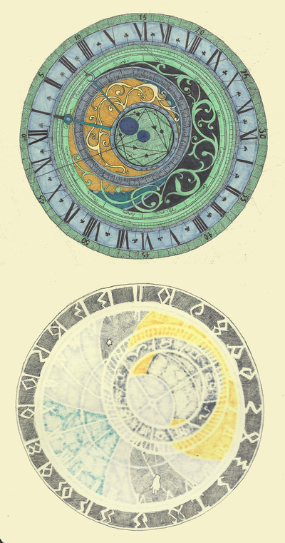 front and back art print of astrolabe compass