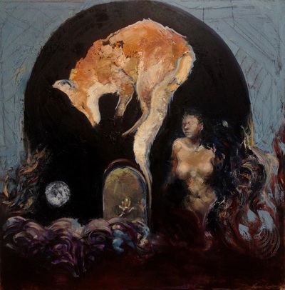 Oil painting of nude woman and fox in front of gateway to the underworld