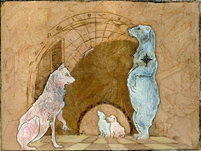 Wolf and bear standing with family in front of mathematical imagery art intaglio print