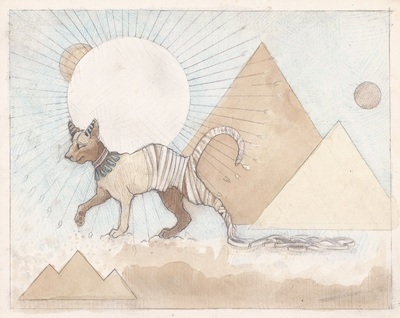 illustration of Egyptian mummy cat in front of pyramids in tea and watercolour