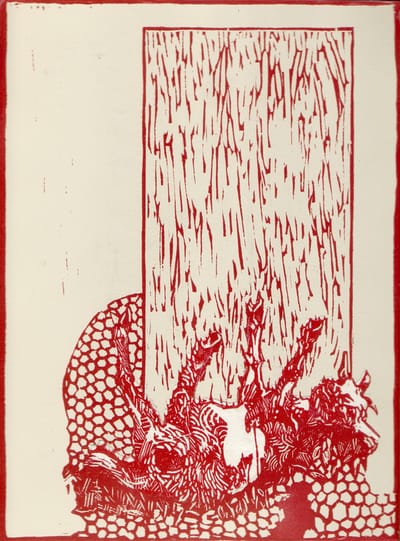 Red ink relief print with chin-cole of fainting goat in front of wood texture