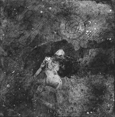 Intaglio etching print of woman in cloudy and starry black and grey background