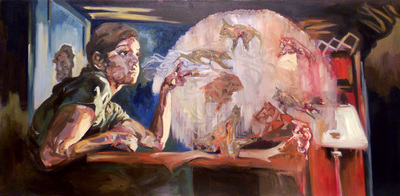 Colourful painting of woman smoking at desk with abstract foxes and lions floating in smoke cloud