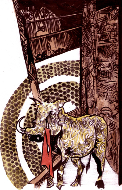 Coloured art print of warthog coming out of a playhouse with a red cloth hanging from one horn