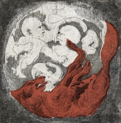 Red chin-cole wolf with two babies floating in space as etching intaglio print