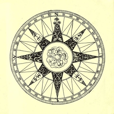 Ink drawing of a compass with flower in center