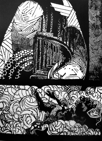 Buffalo trapped in coffin under stairway to heaven as textured linocut print
