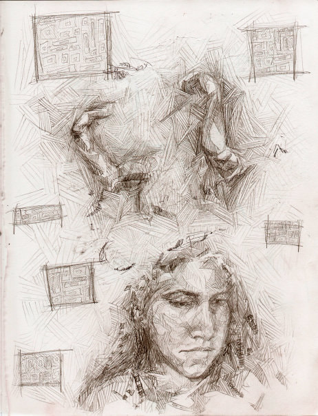 Pencil portrait of girl below separate drawing of her hands and arms with abstract linework surrounding both
