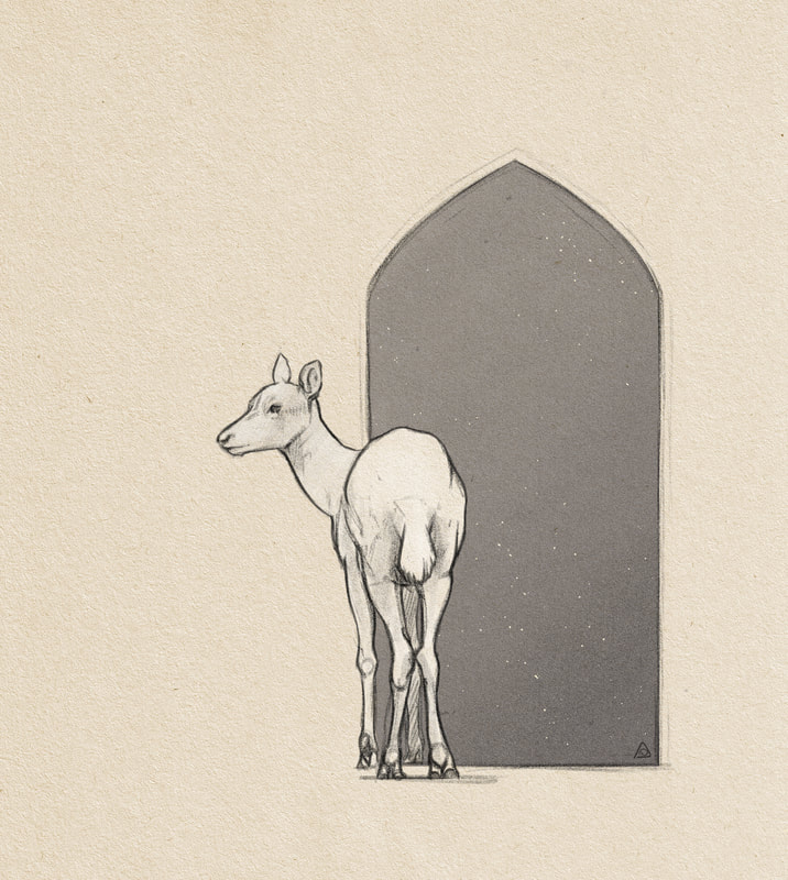 white and grey illustration of white deer standing in front of a portal doorway to space
