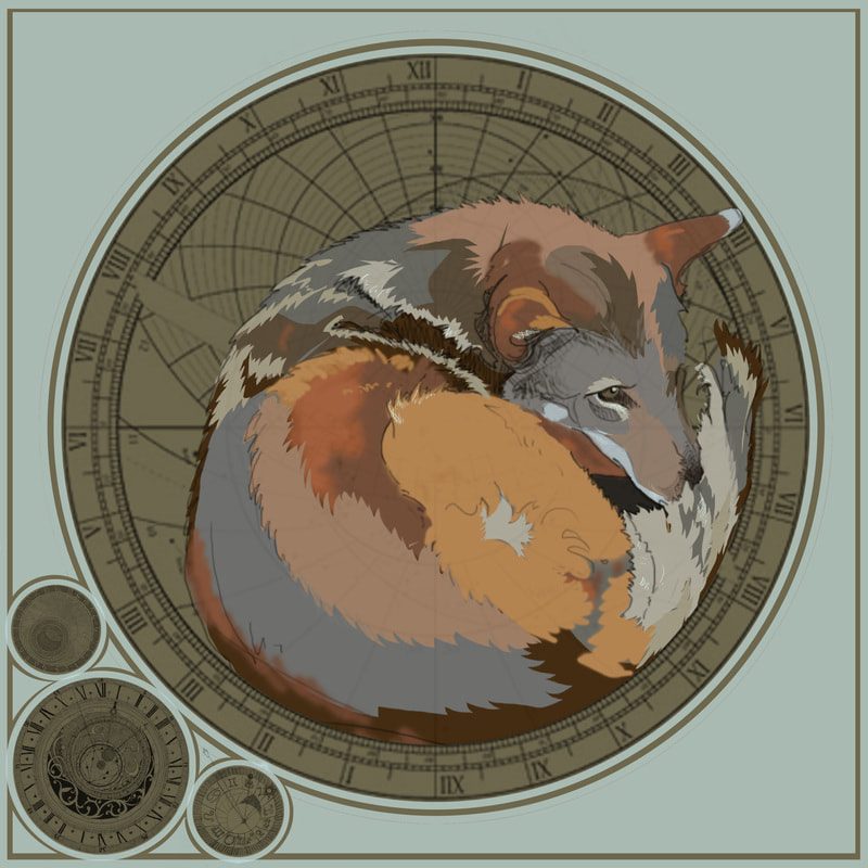 Drawing of fox nestled within a compass
