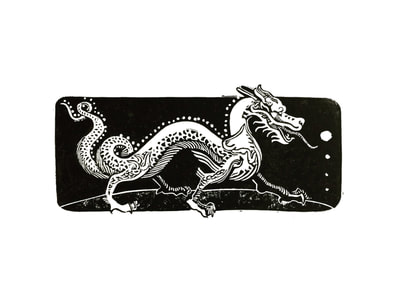 Orientalised dragon art relief print in black and white