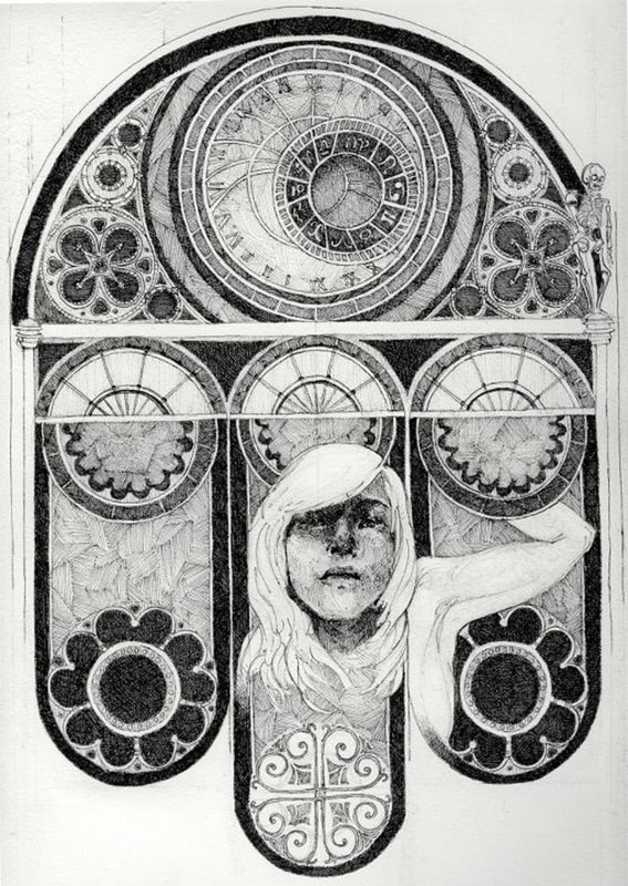 Self-portrait illustration with cathedral architecture and astrolabe
