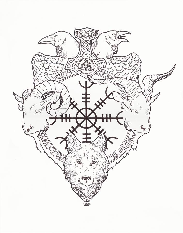 norse viking drawing with wolf, two rams, Mjolnir and two ravens
