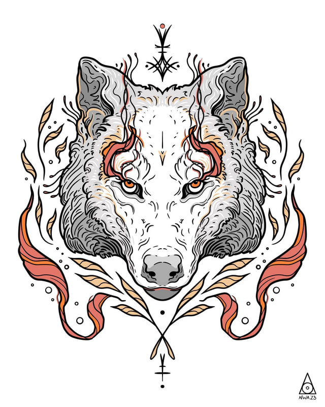 Digital watercolour illustration of wolf face with smoke coming from eyes and surrounded by leaves