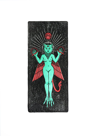 Colour linocut relief art print of cat goddess Inanna