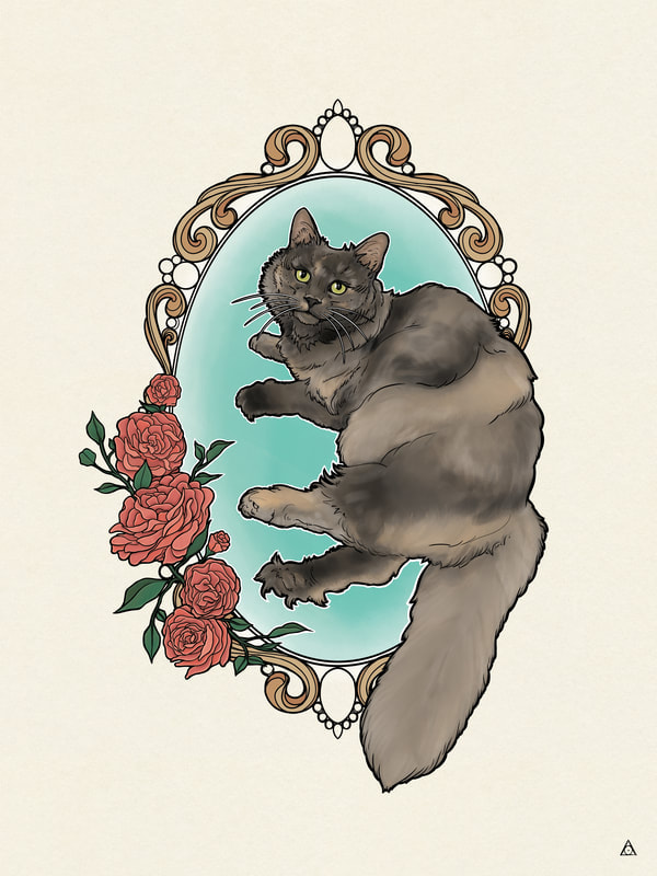 Tattoo design of custom pet portrait cat with roses and vintage frame
