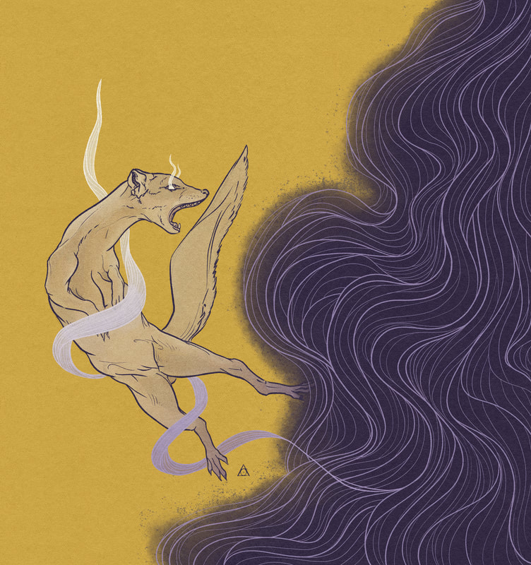 Eerie digital drawing of mongoose escaping cloud of purple smoke on yellow background
