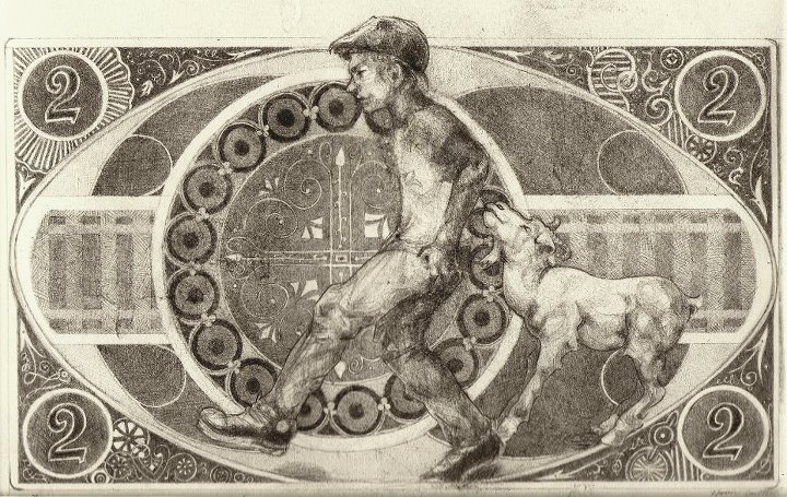 Pencil illustration of boy walking with a goat in front of card-like geometry background
