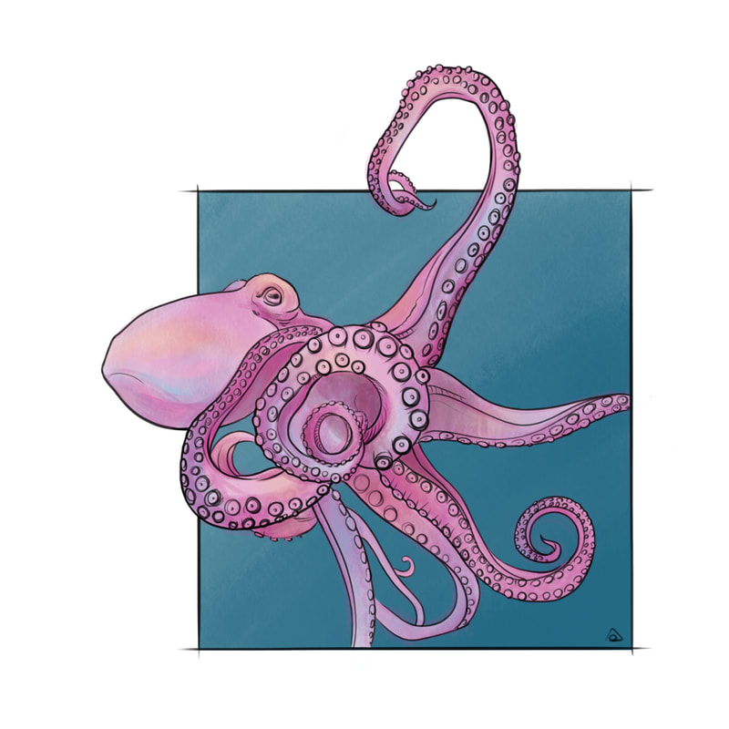 octopus from my octopus teacher digital art painting in pink and blue
