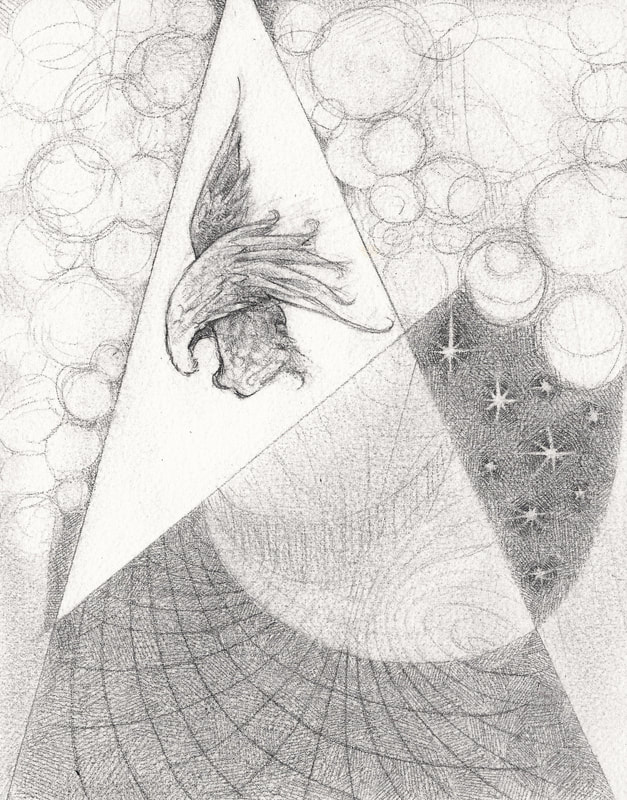 Graphite drawing of wings falling through religious iconography and clouds