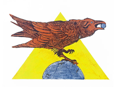 Coloured art print illustration of red raven holding blue orb in front of yellow triangle background