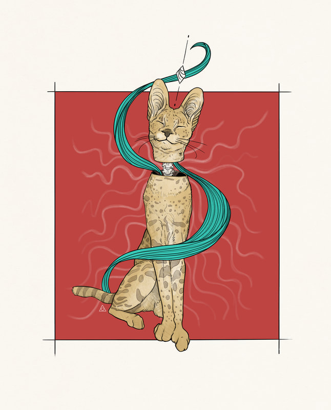 happy cute serval cat with head floating above body and smoke coming from neck
