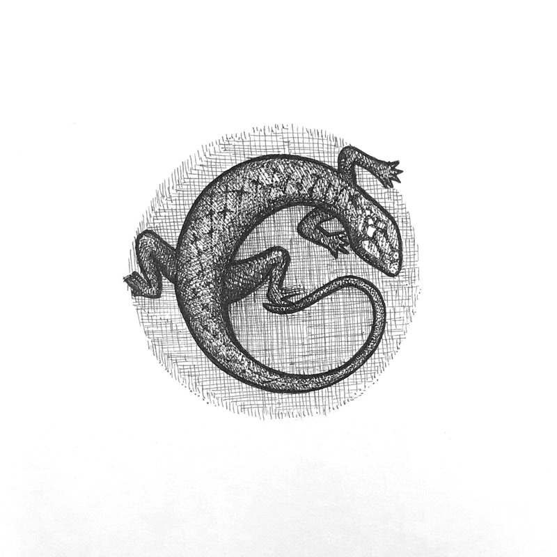 Pen and ink artwork of salamander pendant