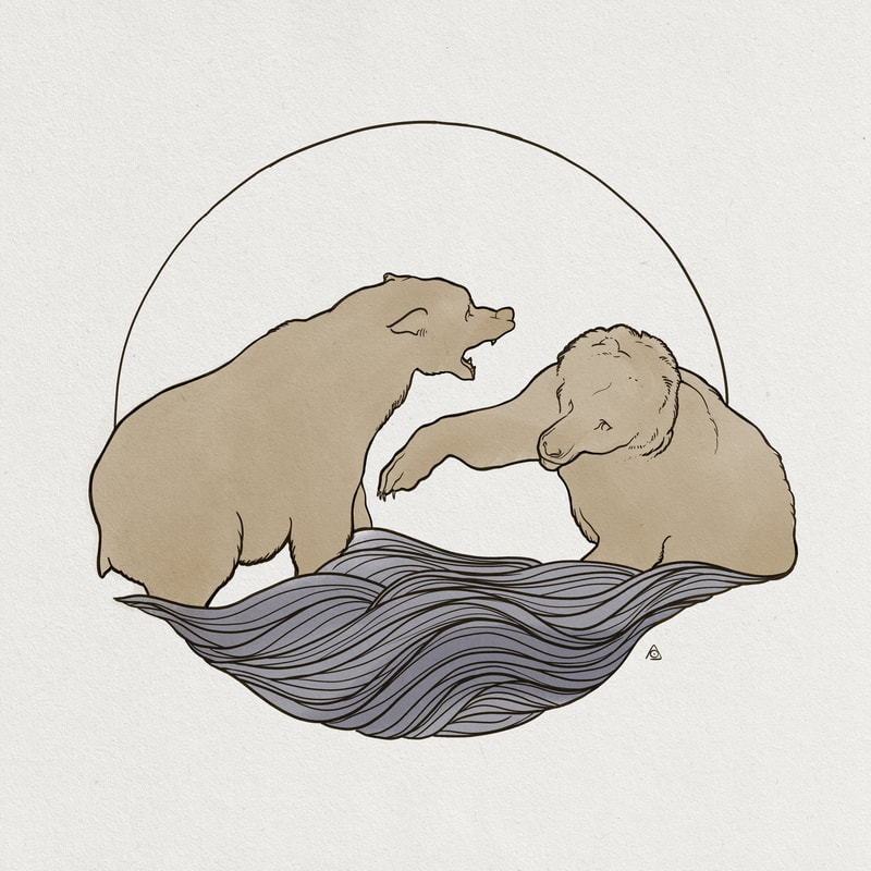 Two bears fighting over linework waves in a circle background
