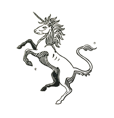Unicorn drawing as black and white linocut print