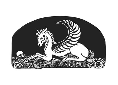 Pegasus in a cave with Medusa's skull and snakes as a black and white linocut
