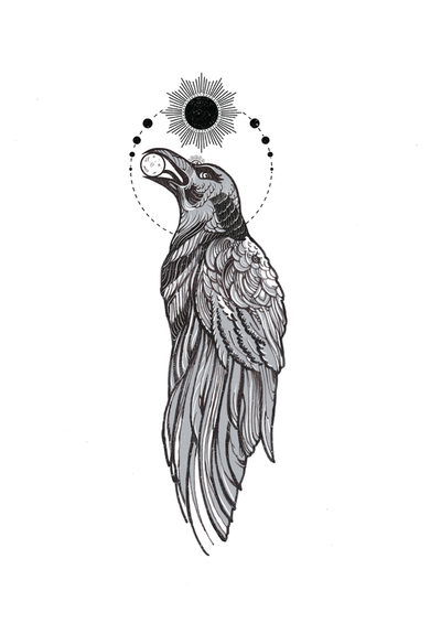 Crow holding orb as black and grey sleeve tattoo design