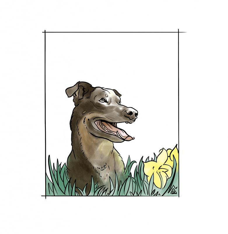 Dog pet portrait painting with daffodils
